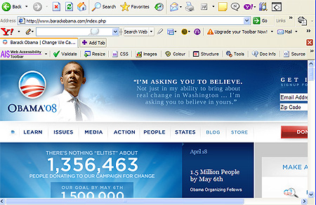 Barack Obama\'s website at 800 by 600 screen